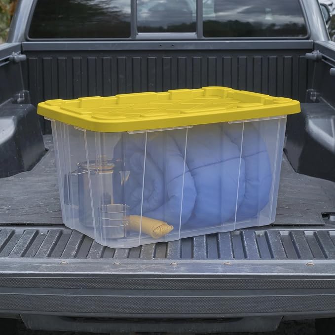 Large Industrial Storage Bins with Lids, 27 Gallon Clear Plastic Tote for Garage & Basement, Heavy Duty Stackable Totes for Storage and Organization, Yellow, 4-Pack