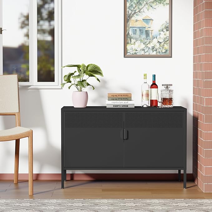 Ustamio Black Wide Metal Locker Storage Cabinet, 2 Door Accent Cabinet for Home and Office, 2 Tier Low Metal Cabinet With Doors and Shelf, Multipurpose TV Stand