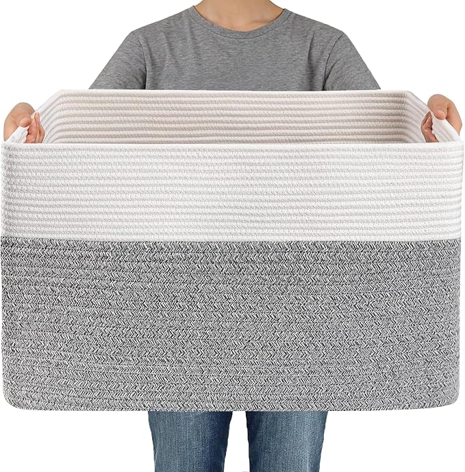 JMvicyroam Woven Blanket Basket,65L Large Storage Bin for Blankets Toys Clothes,Decorative Rope Basket for Living Room Bedroom with Handles, White&Grey
