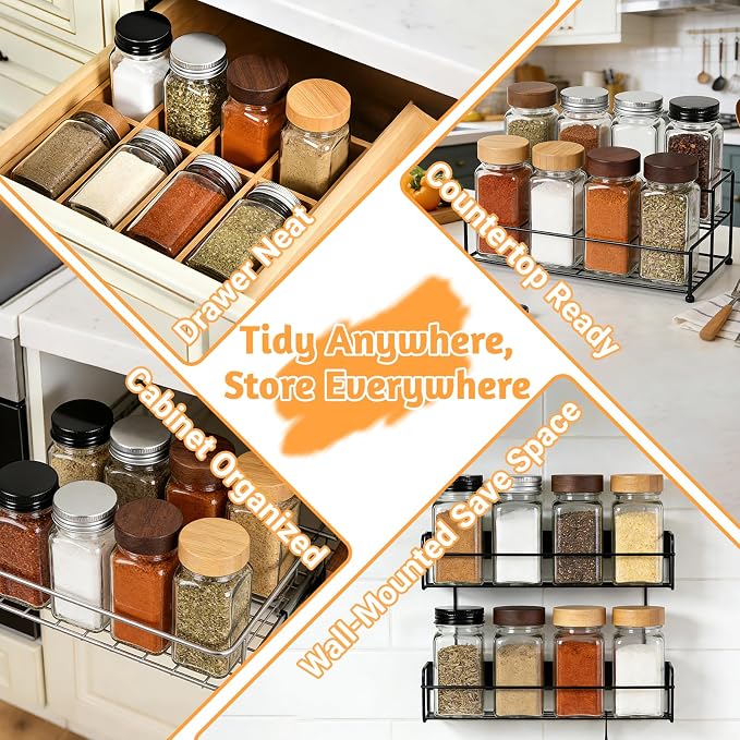 24 Pack Glass Spice Jars with Labels, 4oz Spice Containers with Sliver Lids | Includes 249 Labels, Metal Funnel, Extra Shaker Lids & Stirring Stick for Kitchen Seasoning Organization