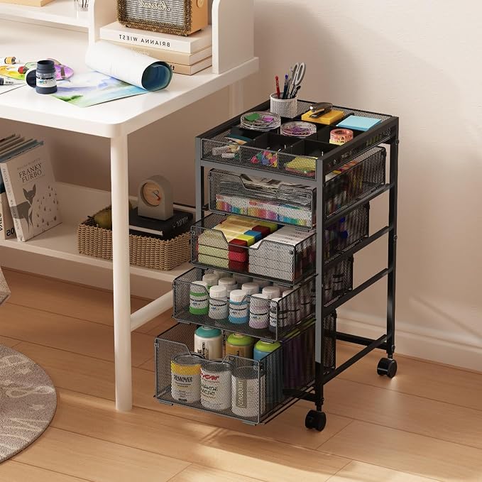 Rolling Utility Cart with 4 Drawers, Craft Organizer and Storage Carts with DIY Divider, Lockable Wheels Storage Organizer for Art Supplies, Store for Brushes & Paints & Small Parts(Patent Pending)