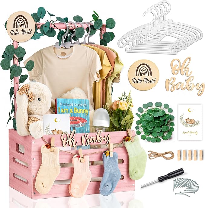 Wooden Baby Shower Crate Closet - Personalized Baby Gift Baskets with Hangers, Large Blush Pink Newborn Shower Crate Box for New Mom Boys Girls