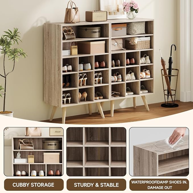 5 Tiers Shoe Cubby, Shoe Storage Cabinet with 9 Cubbies, Wooden Shoe Rack Organizer with 2 Shelves and Legs, 10-15 Pairs, Freestanding Cubby Shoe Rack for Closet, Entryway, Bedroom, Natural
