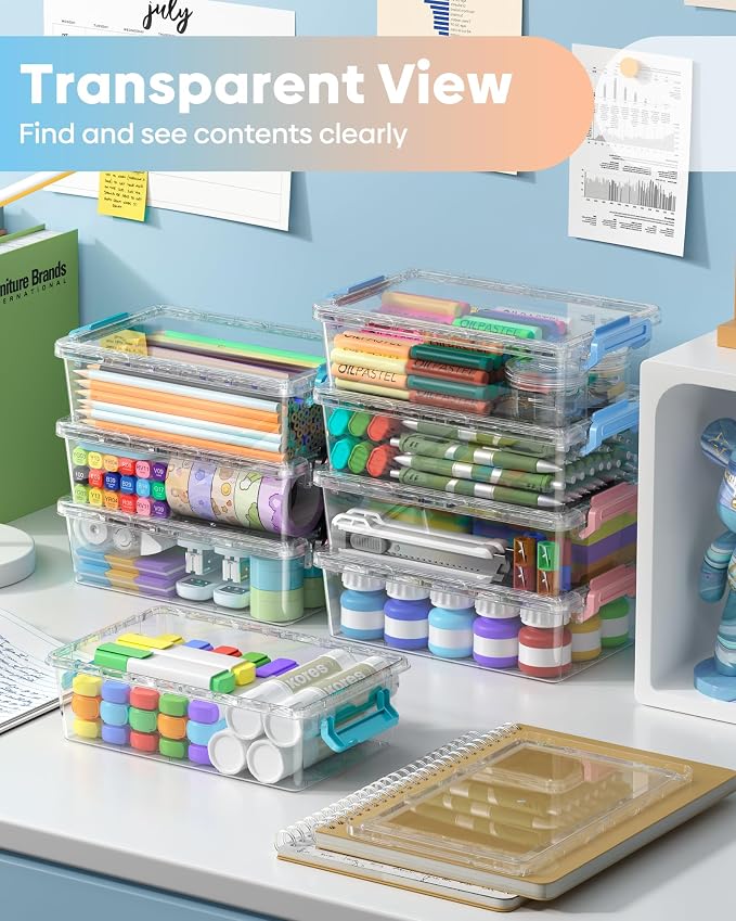 BiuLeon 8 Pack Large Pencil Box Set, Plastic Clear Pencil Case Marker Organizer, Crayon Box Craft Organizers, Stackable Storage Containers with Lid for Pen, Art and Craft Supplies(Color)