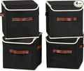 4PCS Storage Cubes with Lid Fabric Storage Bins Boxes PU Leather Handles Cotton Linen Closet Organizer Container Decorative Foldable Washable Shelf Cloth Basket (Flip-top Lid, Black, 11in)