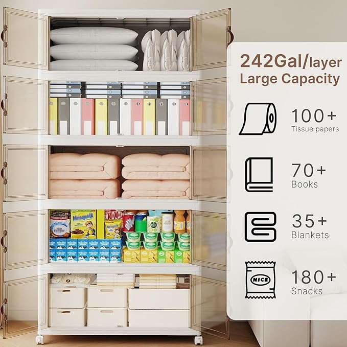 968QT Extra Large Stackable Storage Bins with Lids & Wheels & Door, 242Gal Foldable Collapsible Closet Organizers, Plastic containers drawers for bedroom Dorm