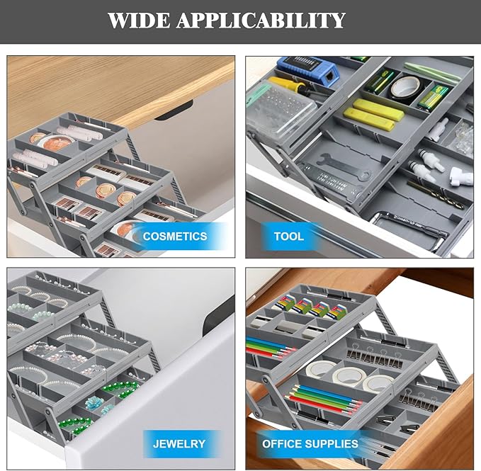Drawer Organizer, Versatile Storage Organizer Tray Bins with Adjustable Compartments Storage Trays for Office,Bathroom,Kitchen,Makeup (1 Row 3 Tier)