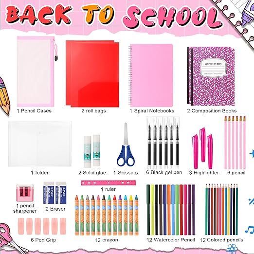 Gilprop 39 Pcs Back to School Supplies Essentials Bundle Include Pencils Scissors Ruler Eraser Crayon Sharpener Notebook Pencil Case Folder Notebook(Pink)
