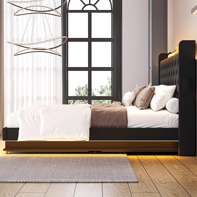 Ailisite Lift Up Storage Bed Queen, Bed Frame Queen Size with Charging Station&Led Lights, Upholstered Platform Bed with Wingback Storage Headboard, Hydraulic Lift System,No Box Spring Needed,Black | Lift up storage, breathable material