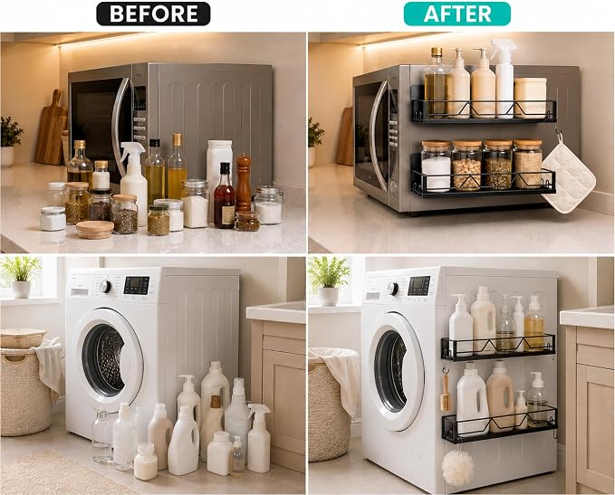 Magnetic Spice Rack for Refrigerator & Oven, 4 Pack XL Heavy Duty Magnetic Shelf for Fridge with Hooks, No Drill Rust Proof Shelves for Washer and Dryer, Sleek fridge magnet organizer
