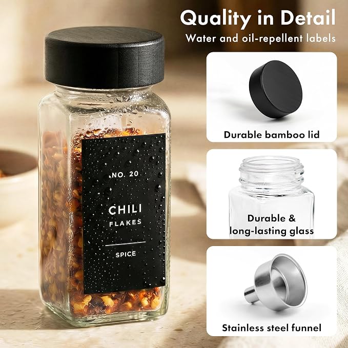 EDELHAUS Glass Spice Jars with Label, 24x Black Bamboo Wooden Lids | Airtight Lids keep spices fresh, Kitchen Spice Drawer Organizer, 4oz Seasoning Containers incl. Funnel, Brush & 240 Labels