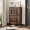 Shoe Cabinet, Shoe Storage Cabinet with Louvered 2 Flip Drawers, Narrow Shoe Cabinet Storage for Entryway, Freestanding Shoe Organizer Cabinet with Golden Handles, Slim Shoe Rack Cabinet (Walnut)