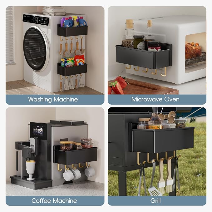 Magnetic Spice Rack for Refrigerator Large Magnet Shelf for Fridge Kitchen Organizer and Storage with 5 Removable Golden Hooks