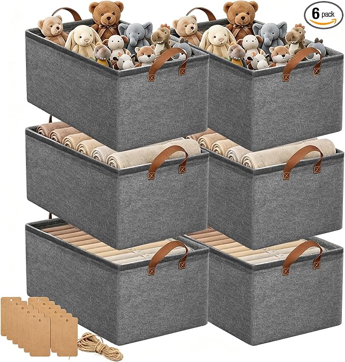 15" Long Fabric Storage Bins 6 Pack, with Handles for Shelves | Collapsible closet organizer bins, sturdy metal frame, 12 labels + twine, for clothes, toys, shelves.
