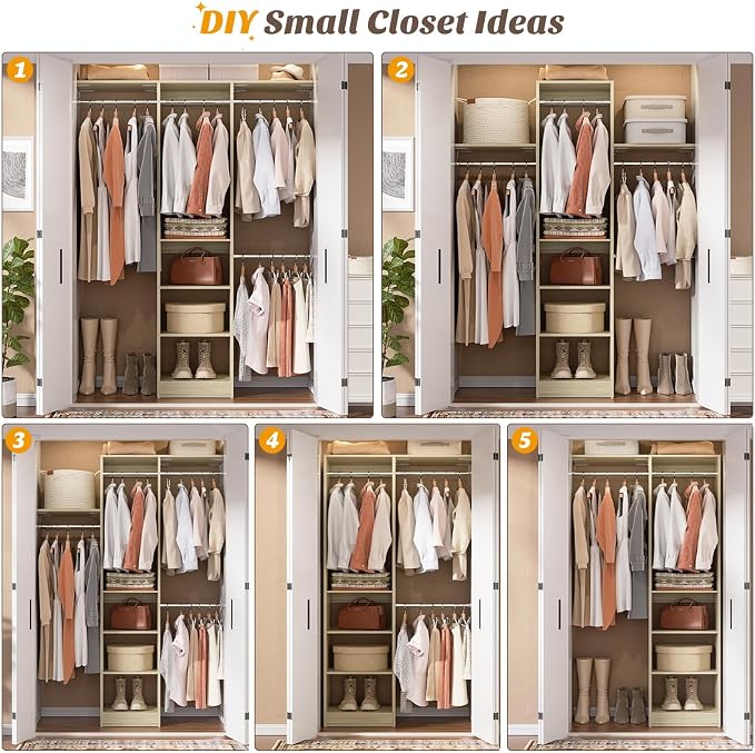 Cyclysio 4FT Small Closet System, 80"H Closet Organizer System with 4 Closets Rods & 3 Shelves, 48" Closets Organizers and Storage for Small Bedrooms, Laundry Rooms, Cloakrooms, White Oak
