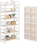 4NM 6 Tiers No Assembly Book Shelves, 61.8" H Folding Bookshelf Bookcase Open Industrial Foldable Shelves for Bedroom, Living Room, Home Office - Natural White