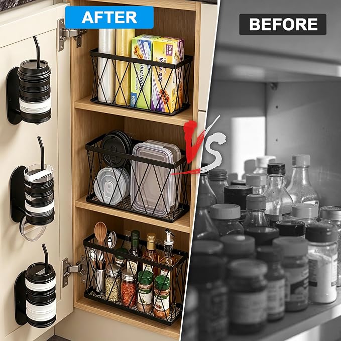 4 Pack Adhesive Cabinet Door Organizer, Rustproof Carbon Steel Lid Storage Holder,Inside cabinet door storage,Tumbler & Food Container Lid Rack,No Drill Storage Basket for Kitchen Cabinet & Bathroom