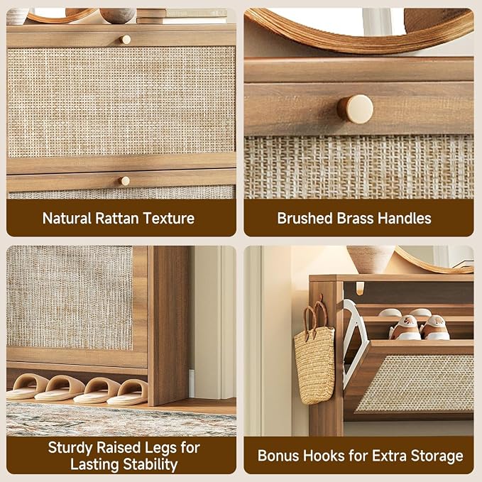 Nicetree Shoe Cabinet Storage for Entryway, 4-Flip Drawer Narrow Shoe Rack with Adjustable Shelves, Boho Modern Square Rattan Shoe Organizer, Slim Wood Storage Cabinets for Small Spaces Fits Size 13.5