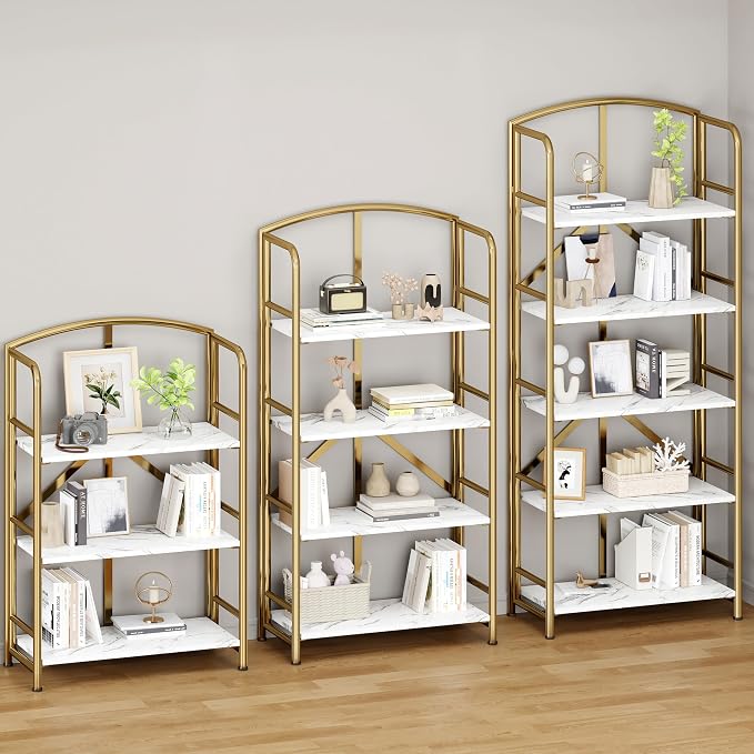 No Assembly,Gold Folding Bookshelf 4 Tiers, Vintage Storage Rack,White&Gold | Bookcase Vintage Multifunctional Plant Flower Stand, Storage Shelves Organizer for Home Office,Living Room,Dorm