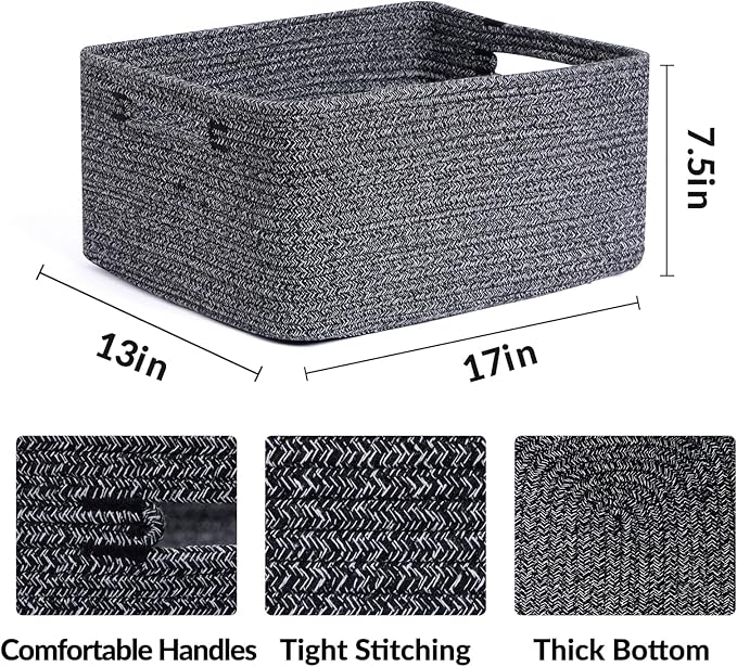 MiniArk Large Storage Baskets for Shelves, 17 x 13 x 7.5” Closet Organizers Bins for Clothes Blanket Towels, Baby Nursery, Toy Baskets Box, Woven Rope Baskets, 2 Packs Dark Gray