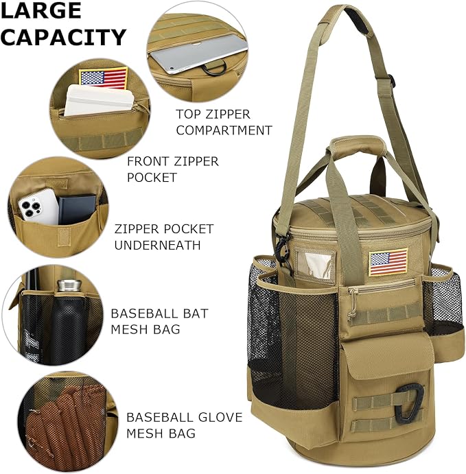 Baseball Bucket Bag 6 Gallon Tactical Softball Coaches Bag with Padded Seat | Baseball Bucket Cover Organizer for Training Equipment, Balls, Bat, Gloves, Scoreboards, with Shoulder Strap
