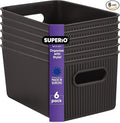 Superio Ribbed Collection - Decorative Plastic Basket Open Home Storage Bins Organizer, Medium Brown (6 Pack) Container Boxes for Organizing Closet Storage Bins for Shelves Drawer Shelf 5 Liter