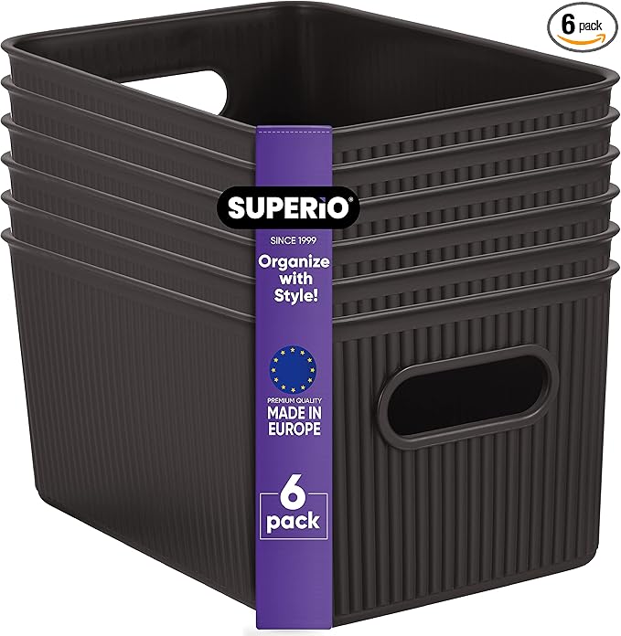 Superio Ribbed Collection - Decorative Plastic Basket Open Home Storage Bins Organizer, Medium Brown (6 Pack) Container Boxes for Organizing Closet Storage Bins for Shelves Drawer Shelf 5 Liter