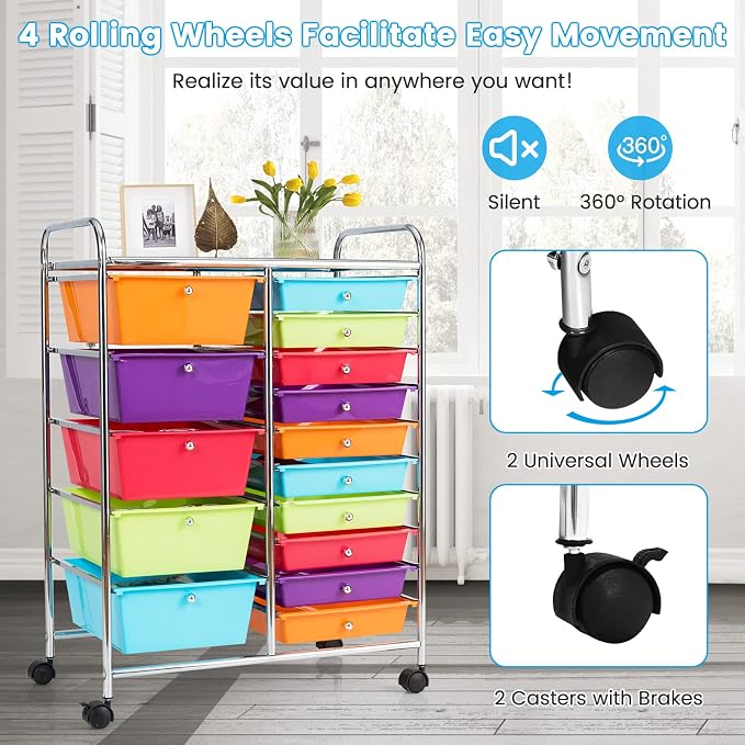 DREAMADE Rolling Cart with 15 Drawers, Rolling Drawer Organizer Cart w/Lockable Wheels, Removable & 2-Sized Storage Drawers, Art Cart for School Home Art Supplies Crafts File Scrapbook (Multi-color)