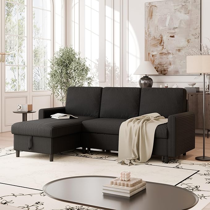 Vongrasig Pull Out Couch, 2 in 1 Small Sofa Bed Sleeper Sofa with Storage, 77" L Shaped Convertible Sofa with Storage Chaise for Living Room, Apartment, Black