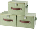 3 Pack Storage Bins with Zipper Lid Fabric Lidded Storage Boxes Baskets Cubes Washable Collapsible PU Leather Handle Cotton Linen Fabric Shelf Closet Organizer Container(Green, Small Size)