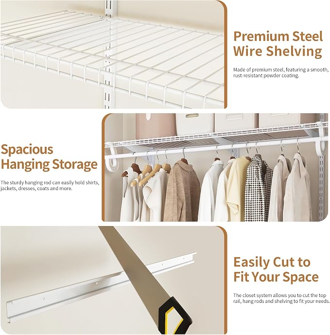 PROWORX 2-4 Ft. Expandable Closet Organizer System Kit, White Custom Metal Wire Shelving, Organization and Storage Shelves Wall Mounted with Hanging Rods