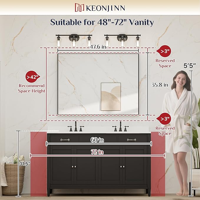 Keonjinn 48 x 36 In Brushed Nickel Bathroom Mirror, Rectangular Metal Framed Wall Vanity Mirror for Over Sink Square Corner Aluminum Alloy Modern Farmhouse Rectangle Silver Mirror(Horizontal/Vertical)