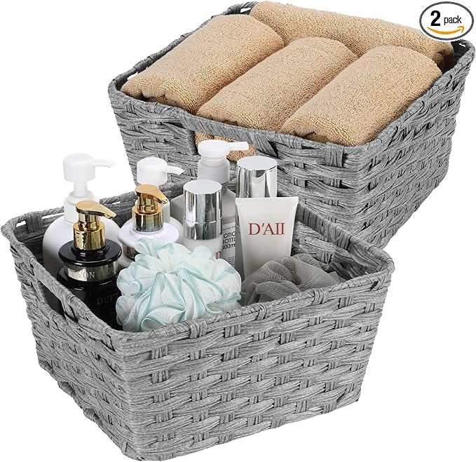 2-Pack Plastic Wicker Storage Baskets for Bathroom, 12"x12"x6", Grey | Versatile woven storage bins for shelves, toilet paper, closet, and home organizing – stackable, durable.