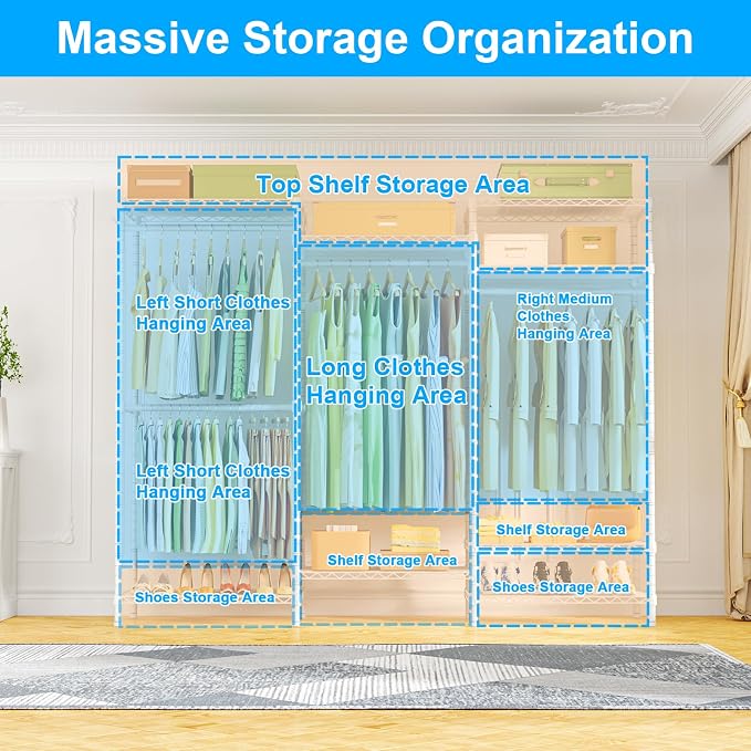 Ulif E13C Heavy Duty Closet Organizer System，Freestanding Clothing Racks for Hanging Clothes，Adjustable Garment Rack 63" W x 16" D x 77" H Hold 960 lbs，White Clothing Rack with Grey Dustproof Cover