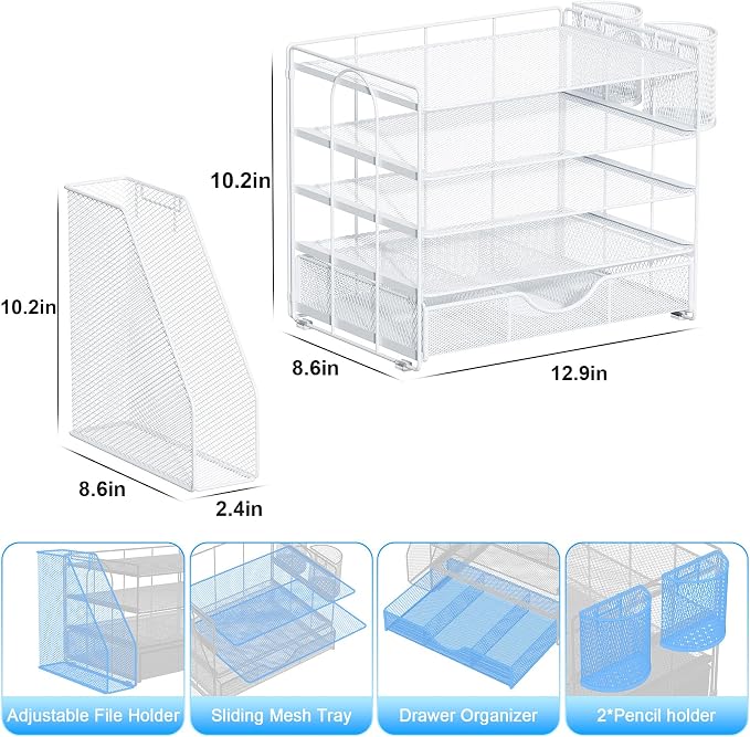 gianotter 5-Tier Desk Organizer with Drawers, File Holders, Letter Trays and Pen Holders - Workspace Accessories for Office Supplies (White)