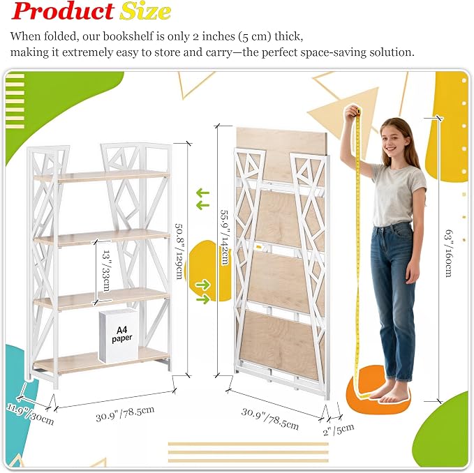 UDD No Assembly Wide Folding Bookshelf, 50.8" H x 30.9" W, 4 Tier Foldable Book Shelf Industrial Bookcase, Vintage Collapsible Storage Shelves for Home Office Living Room Bedroom, Light Oak White
