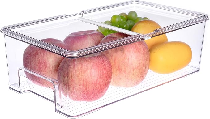 SANNO Vegetable Refrigerator Organizer Food Bins with lids Large Stackable Fridge Clear Organizers Kitchen Cabinet Organizer for Freezer, Kitchen, Countertops, Cabinets Pantry Storage Bins，set of 2