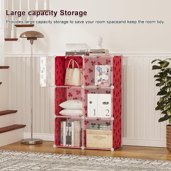 C&AHOME Cube Storage Organizer with Doors, 6-Cube Shelves, DIY Plastic Modular Bookshelf, Closet Clothes Storage Shelving Ideal for Bedroom, Living Room, Clover Embossed, Red