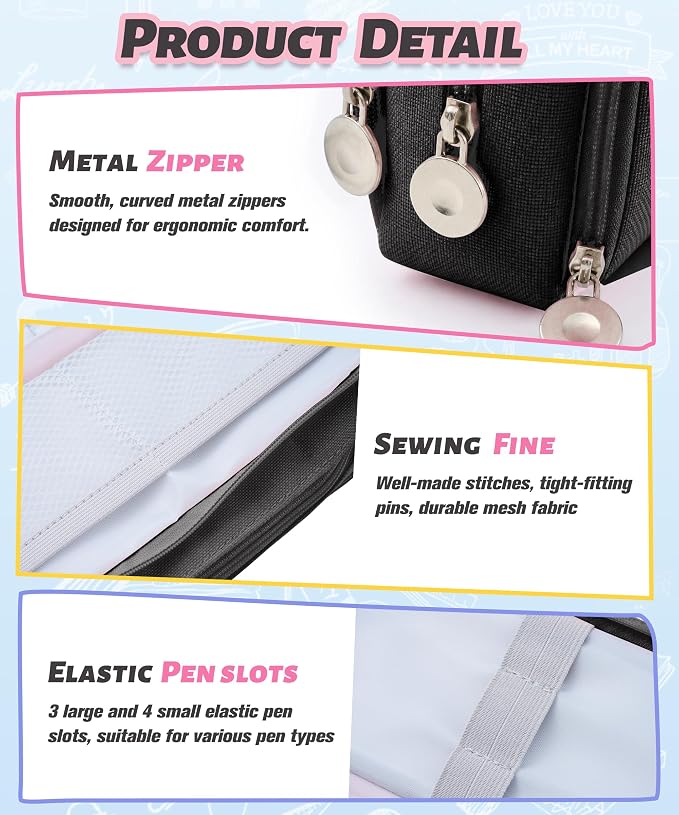 FAHZON Cute Pencil Case, 3 Large Compartments Pencil Pouch, Elastic Pen Slots&Mesh Pockets for Stationery, Pencil Bag for School Supplies with Zipper for Girls Boy Women Teens Adults-Black