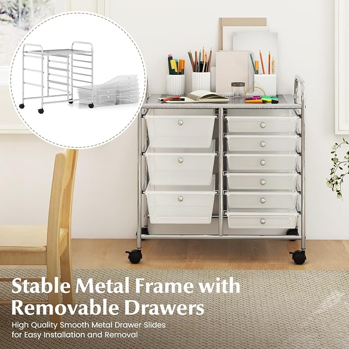 COSTWAY Rolling Storage Cart with 9 Drawer, Utility Cart with Metal Frame | Mobile Art Supply Craft Organizer, Multipurpose Storage Organizer for Paper, Office, School Teacher, Classroom, Transparent