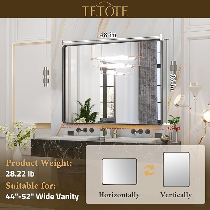 TETOTE 48 x 36 White Mirror for Bathroom Metal Frame Wall Mounted Rectangle Mirror for Vanity with Sandy Textured Surface(Horizontal/Vertical)