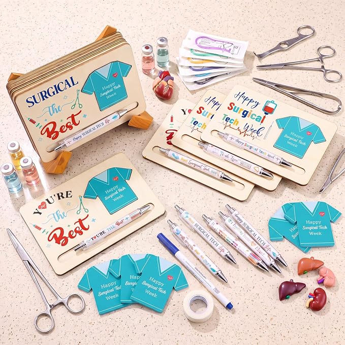 Kosiz 10 Set Happy Surgical Tech Week Gifts Bulk Wooden Inspirational Sticky Note Holder Set for Surgical Technologist Thank You Appreciation Gifts for Technology Staff Doctors Nurses Students