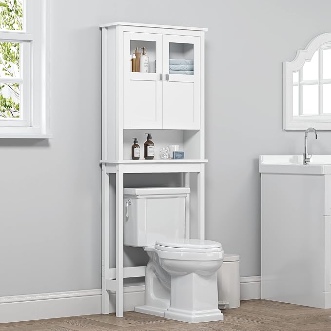 Spirich Bathroom Over the Toilet Storage Cabinet with Glass Doors, White | Toilet Organizer with Adjustable Shelf, Anti-tipping Device, Wood, Elegant Modern Design, Space Saver for Tight Spaces