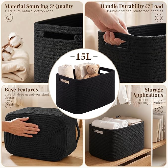 OIASKET 4Packs Natural Cotton Rope Storage Baskets for Organizing Toys, Clothes, Towels & Books, Soft Versatile Organizers for Shelves, Home Decorative Bins, 13''Lx9''Wx7.8''H, Black