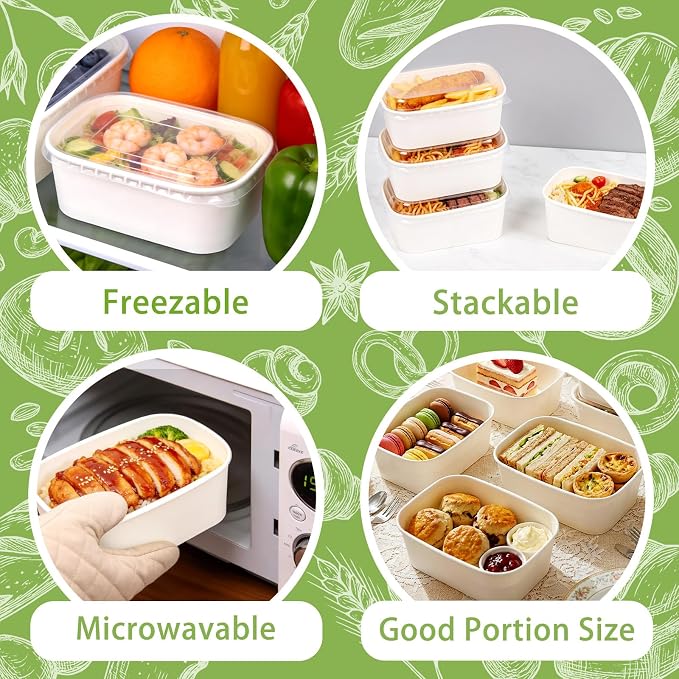 50 Pack 29 oz Paper Food Containers with Lids, Meal Prep Containers Disposable Large Paper Bowls, Microwavable and Freezer Storage Use Cardboard Food Containers (White)