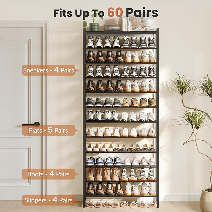 12 Tier Shoe Rack Organizer for 48-60 Pairs, Tall Metal Shoe Storage Shelf with Wood Top, Adjustable Boot Space, Narrow Design for Entryway Closet, Black