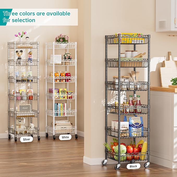 SINGAYE 6 Tier Shelf Wire Shelving Adjustable Storage Shelves Basket Rack | Adjustable Shelves with Wheels Metal Storage Unit Closet Bathroom Organizers Pantry Kitchen Garage Laundry Room Black
