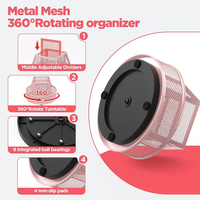 Docnest 360°Rotating Mesh Desk Organizer,6-Compartment Pen Holder,Pink | Heavy-duty metal holder with removable divider. Space-saving stationery storage for pencils, scissors & markers