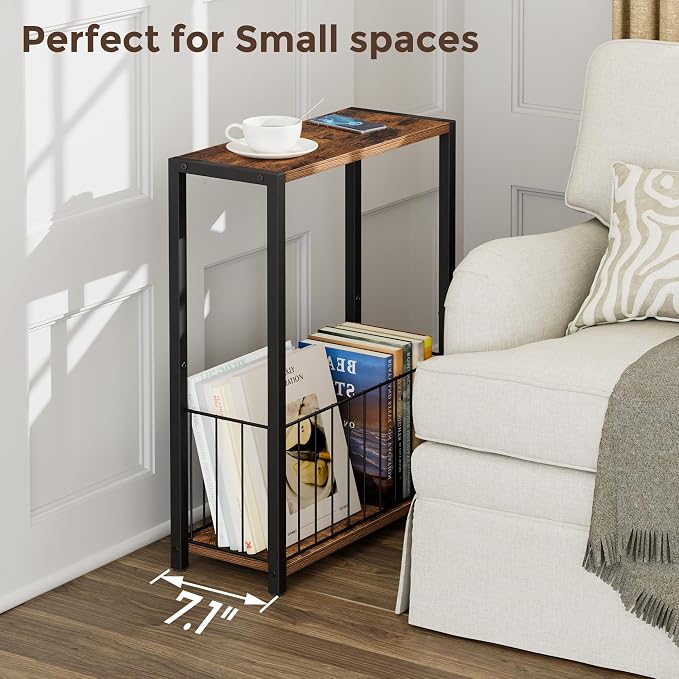 Homleke Narrow Side Table with Magazine Holder, Skinny End Table | Space-Saving Design, Small Spaces, Storage Shelf, Metal Frame, Easy Assembly, 7.1" D x 16.9" W x 23.6" H, Rustic Brown