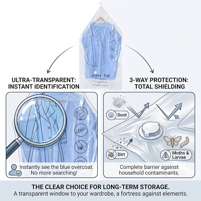 Clothing Vacuum Storage Bags, 3 Pack Hanging Vacuum Storage Bags for Coats Clear Space-Saving Closet organizers Compression Bulky Garments, 53x28 inch..